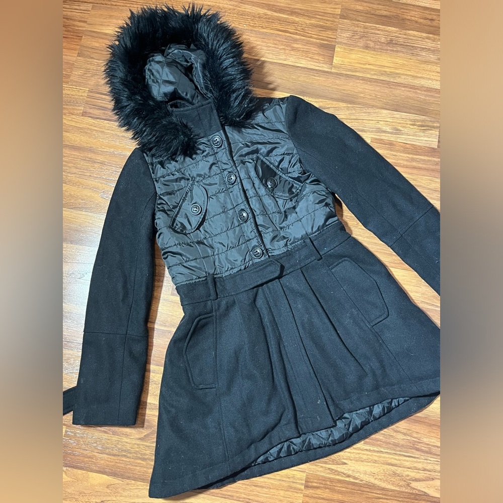 Wool Princess Coat Black Quilted Coat with Faux Fur Hood 2010’s Wool Coat Black